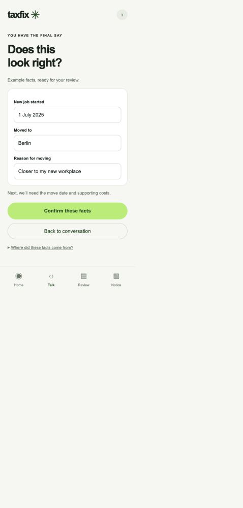 Voice intake review showing three editable filing facts