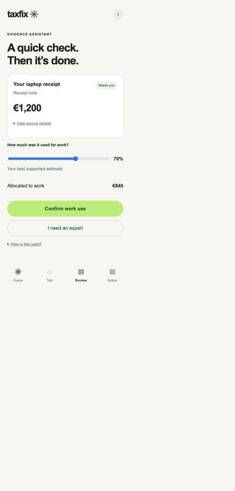 Receipt review asking the taxpayer to confirm work use